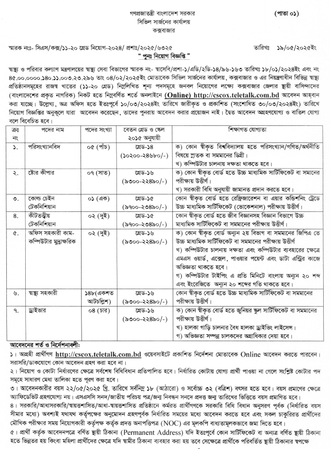 কক্সবাজার সিভিল সার্জন কার্যালয়ে নিয়োগ বিজ্ঞপ্তি